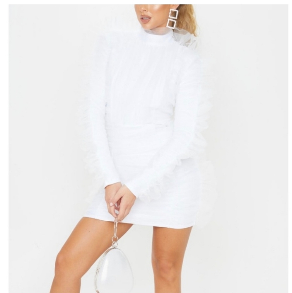 Pretty Little Thing White bandage chiffon drill bodycon Dress Size 10 Nwt